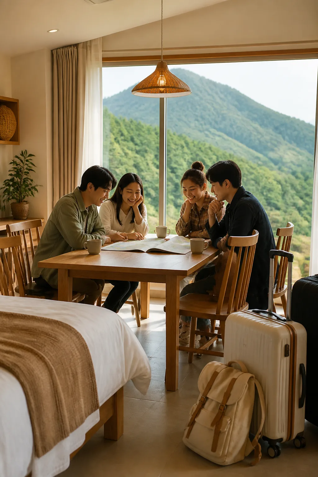 산과 숲을 바라보는 거실과 식탁이 있는 강원도펜션 객실