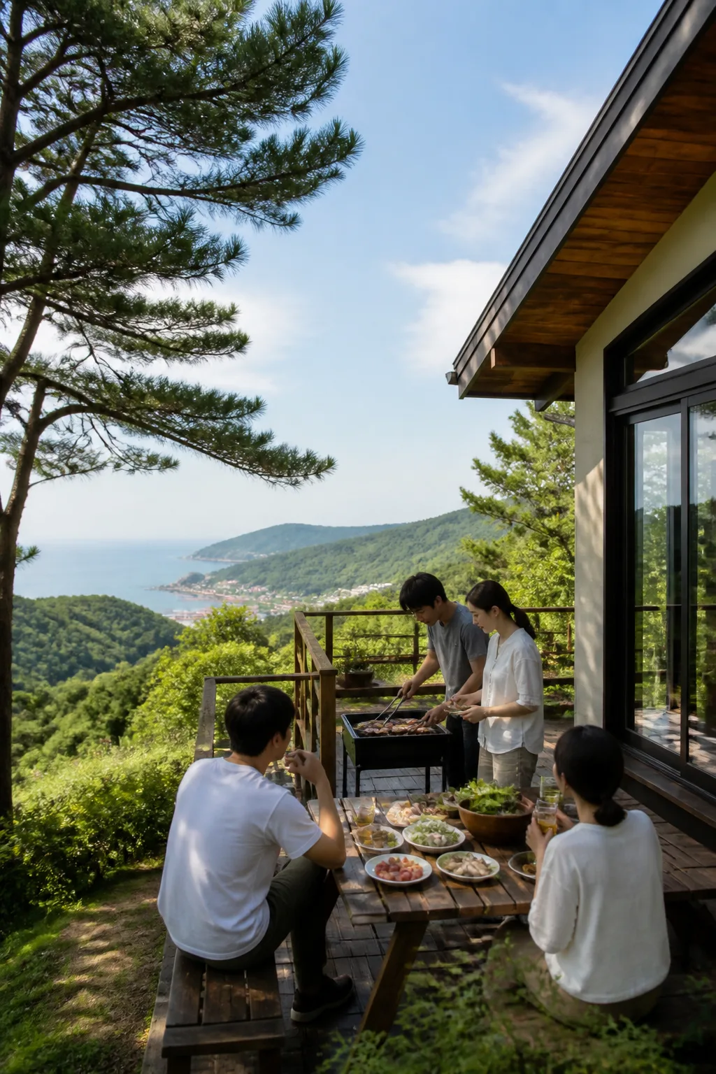 산과 바다 가까운 펜션 테라스에서 자연 여행을 즐기는 가족과 친구들, 강원도펜션 풍경