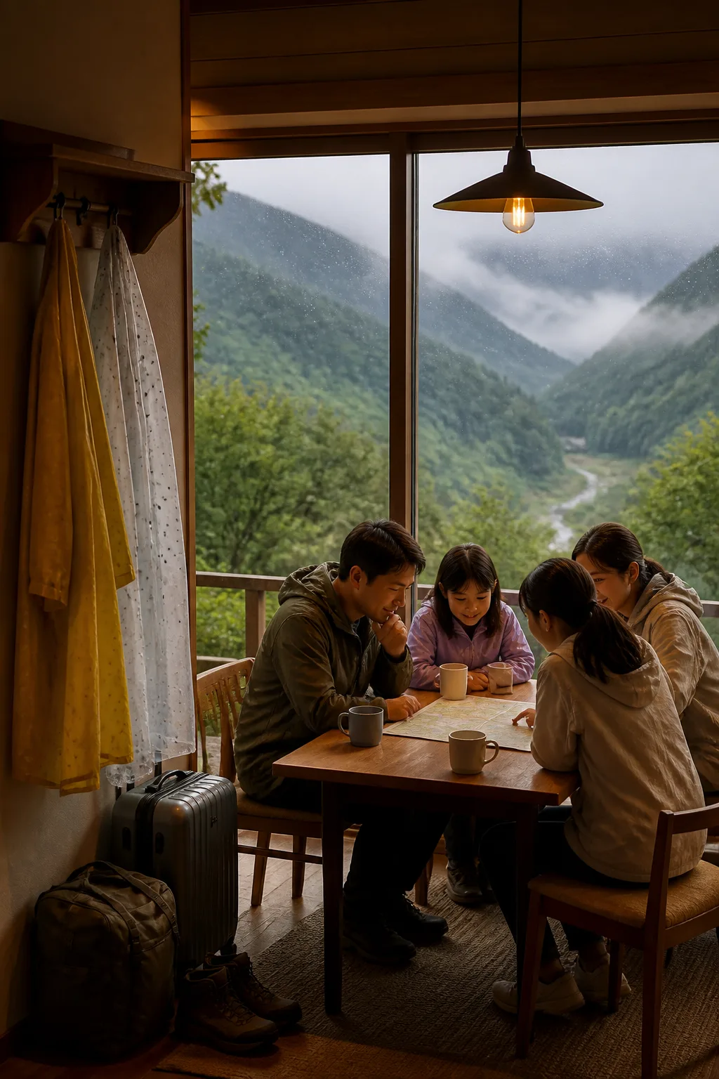 비가 갠 강원도 산과 계곡을 바라보는 펜션 실내 풍경