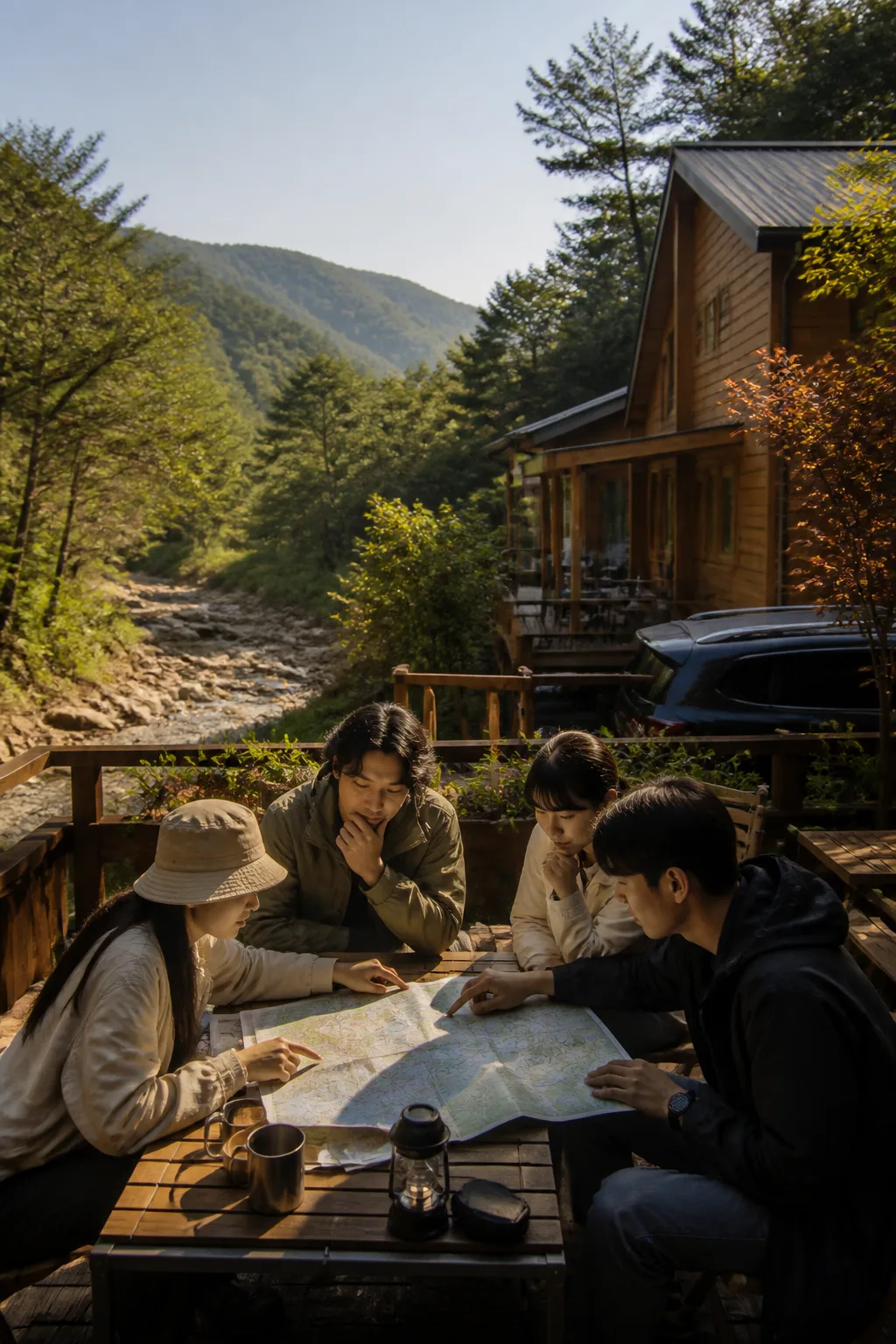 강원도펜션 테라스에서 가족과 친구들이 바다·산·계곡 여행 일정을 의논하는 모습