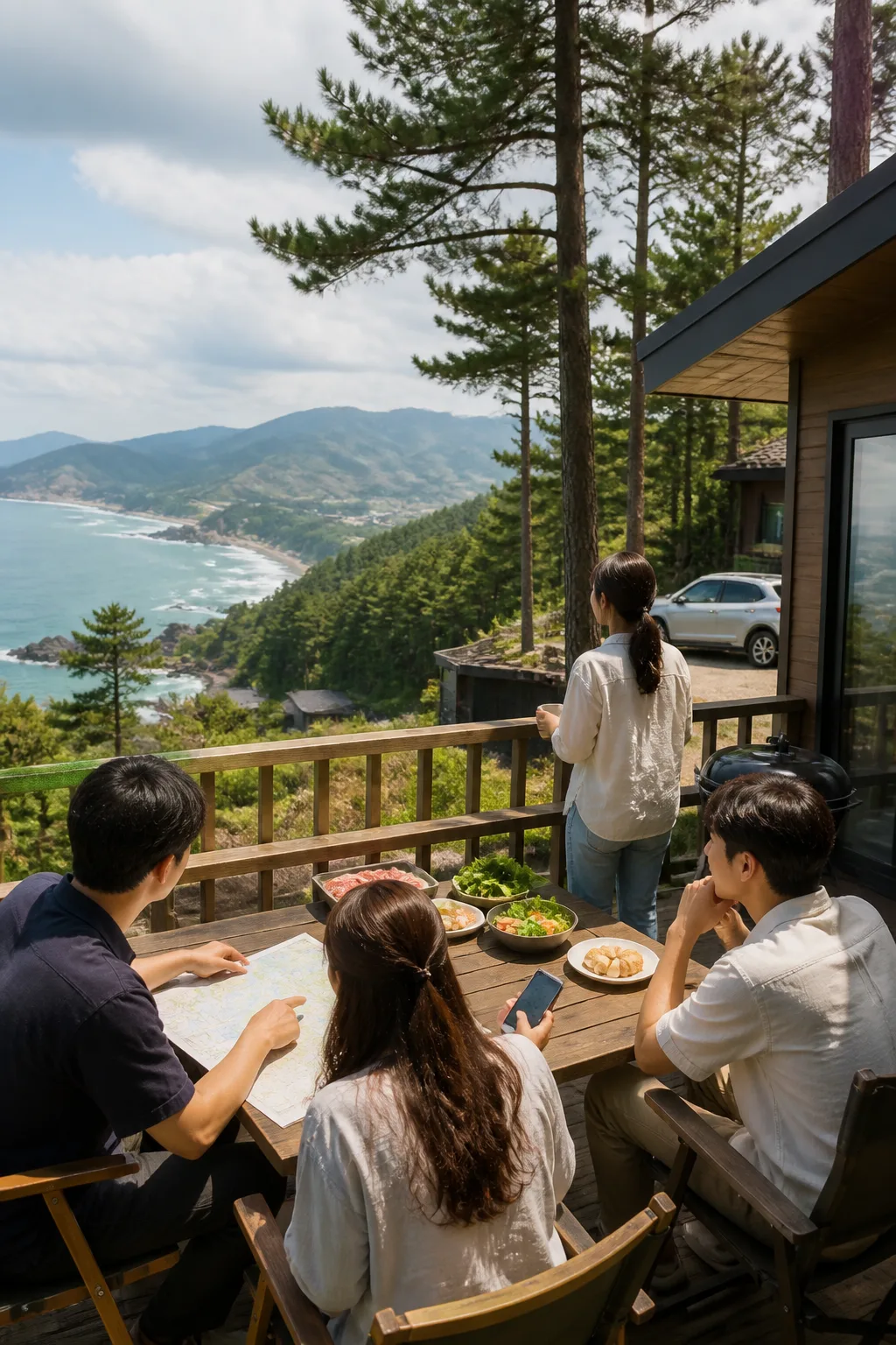 바다와 산 풍경을 보며 여행 조건을 확인하는 강원도펜션 테라스 장면