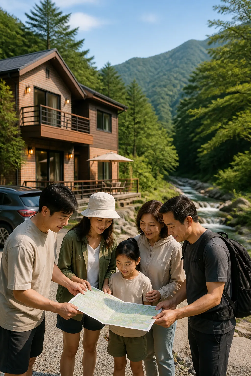 산과 계곡을 바라보며 안전 동선을 확인하는 강원도펜션 여행객들