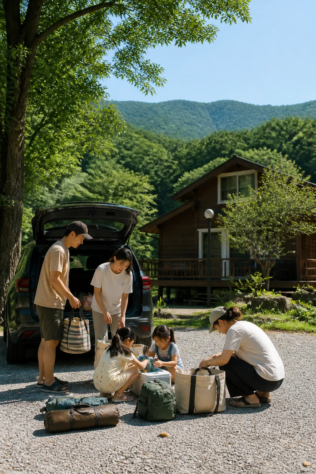 산과 계곡 가까운 펜션에서 여행 장비와 장보기 물품을 정리하는 강원도펜션 여행 모습