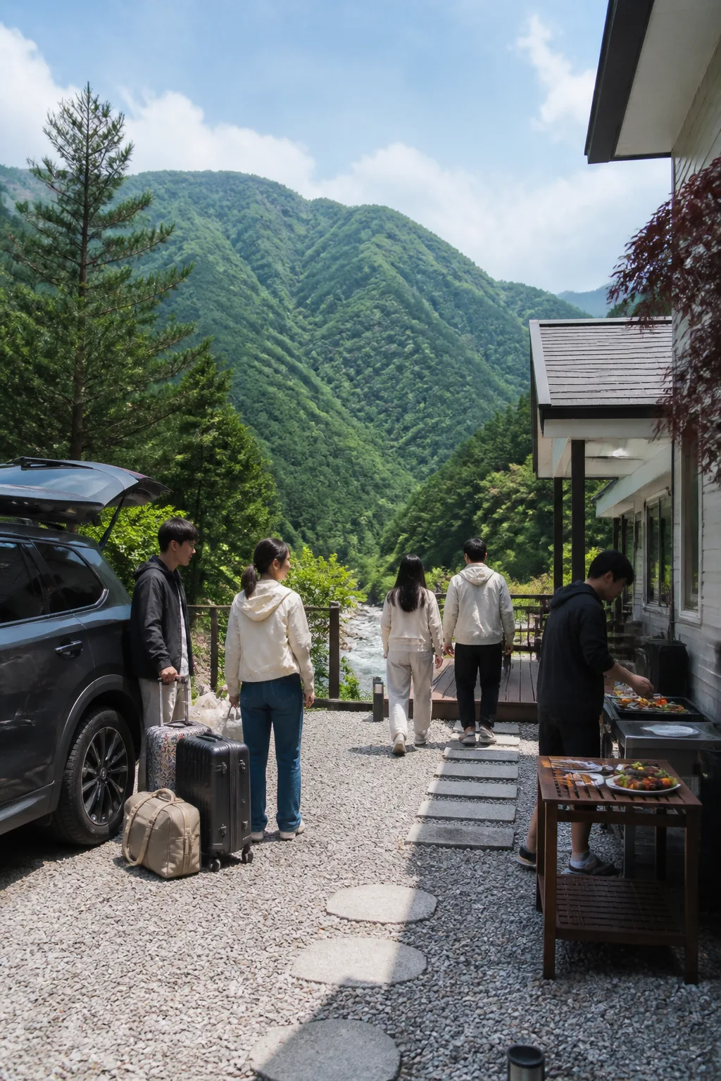 산과 계곡 주변 펜션에서 주차와 바비큐를 준비하는 강원도펜션 여행 장면