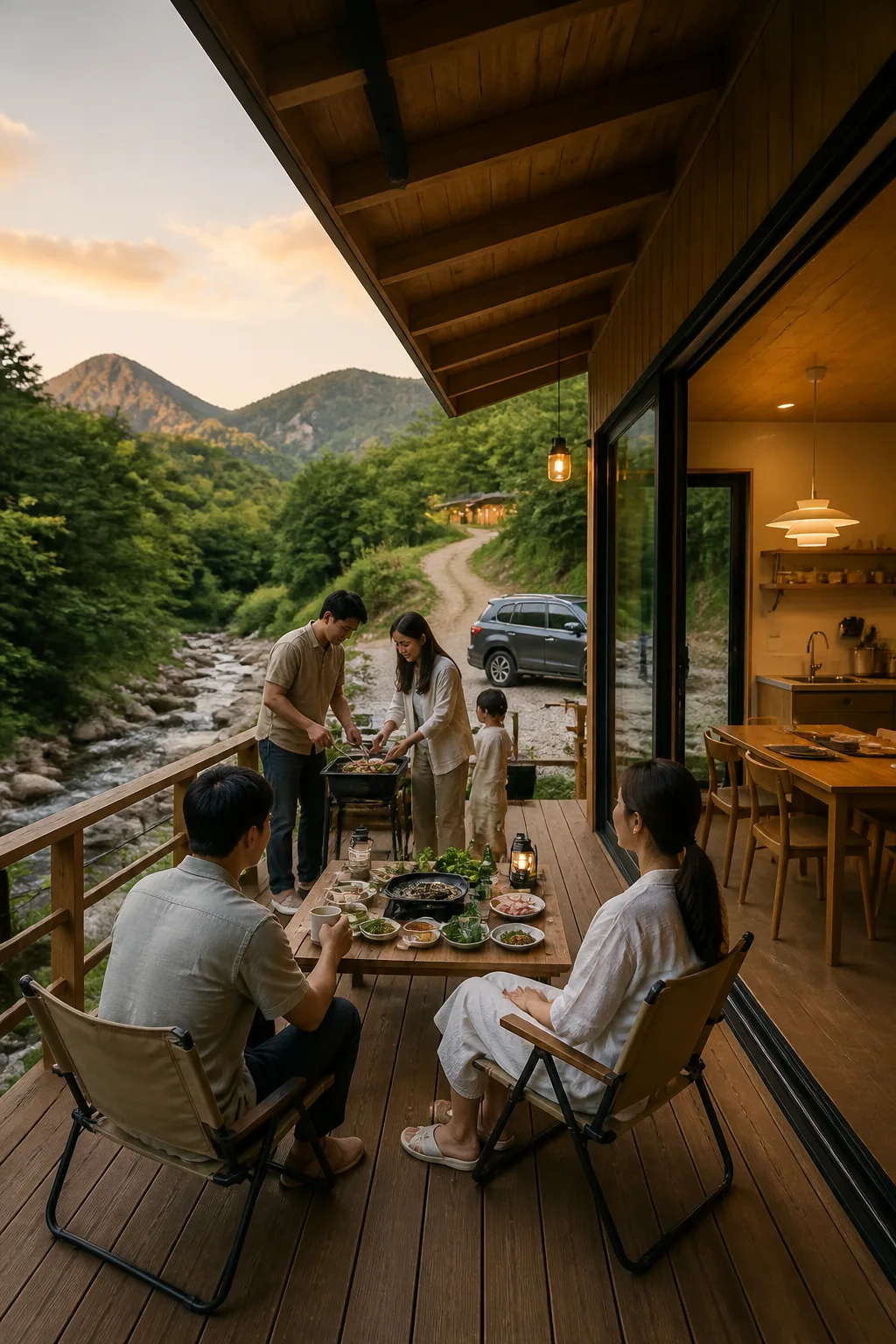 산과 계곡을 바라보는 펜션 테라스에서 식사와 휴식을 즐기는 강원도펜션 여행 장면