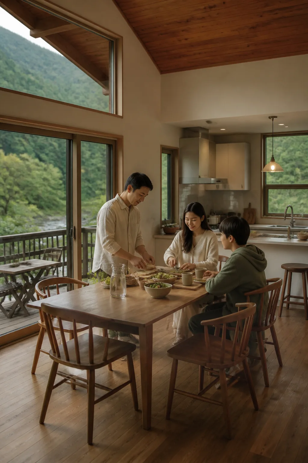 산과 숲이 보이는 펜션의 식사 공간을 보여주는 강원도펜션 여행 장면