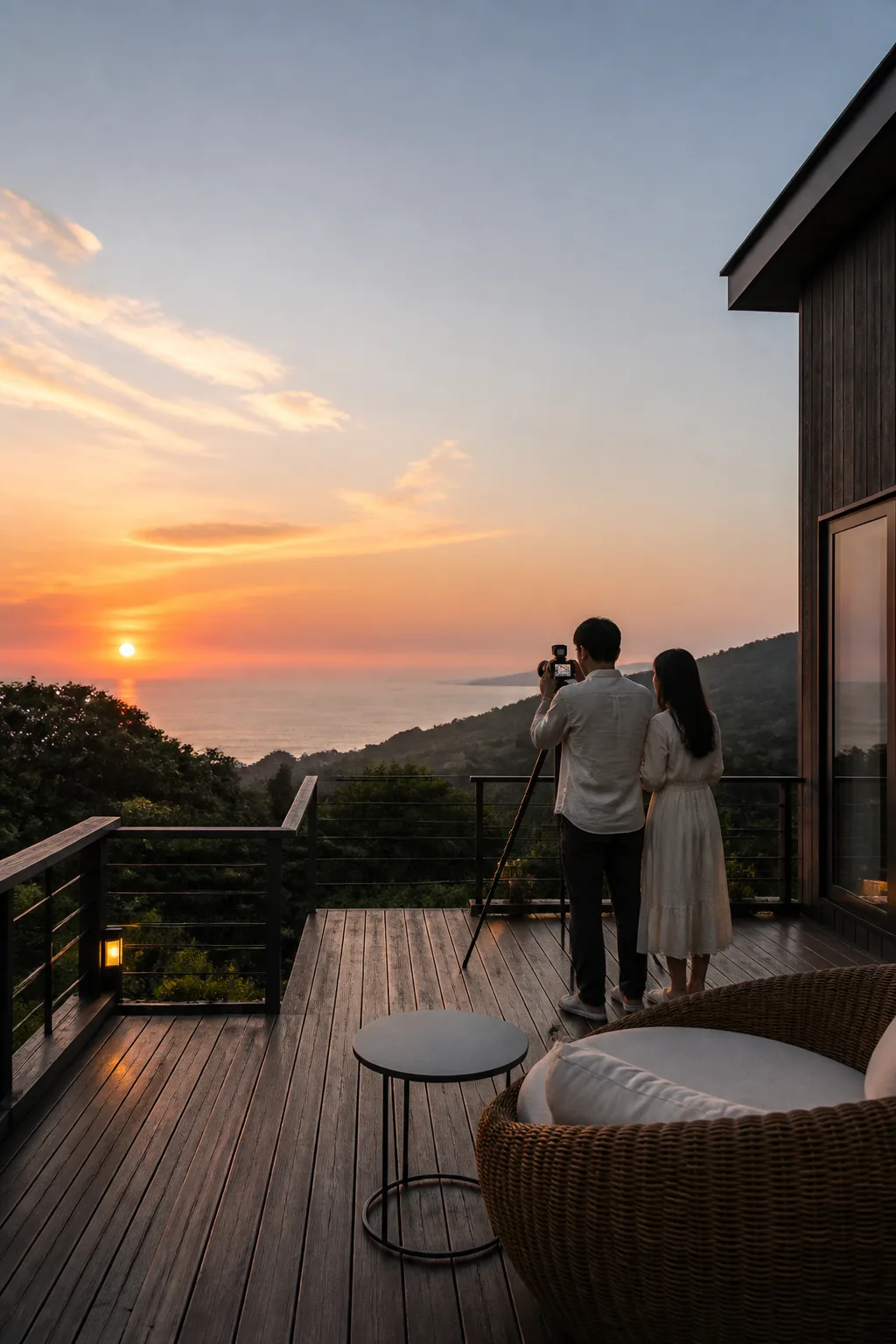 강원도펜션 테라스에서 일몰과 자연 풍경을 촬영하는 커플 여행자